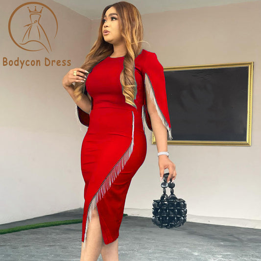 Bodycon Dress for Women Fashion Office Ladies Soild Tassel Slim Dress Evening Party Dress Wholesale