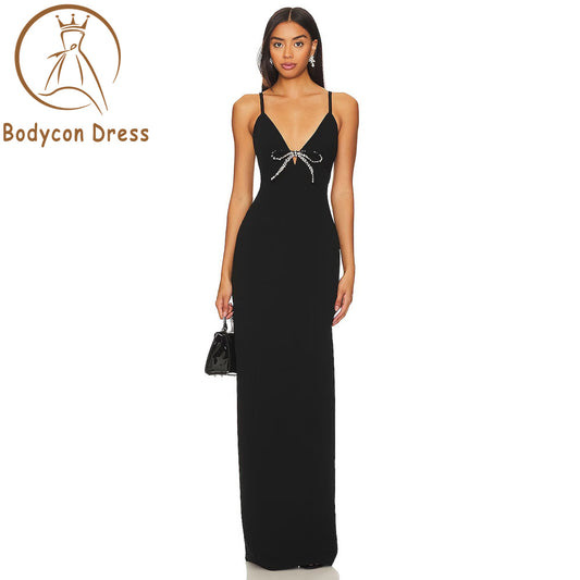 Bodycon Dress For Ladies Diamond Bow Bodycon Spaghetti Strap Backless Design Celebrity Evening Party Black Sleeveless Sexy Long Bandage Dress