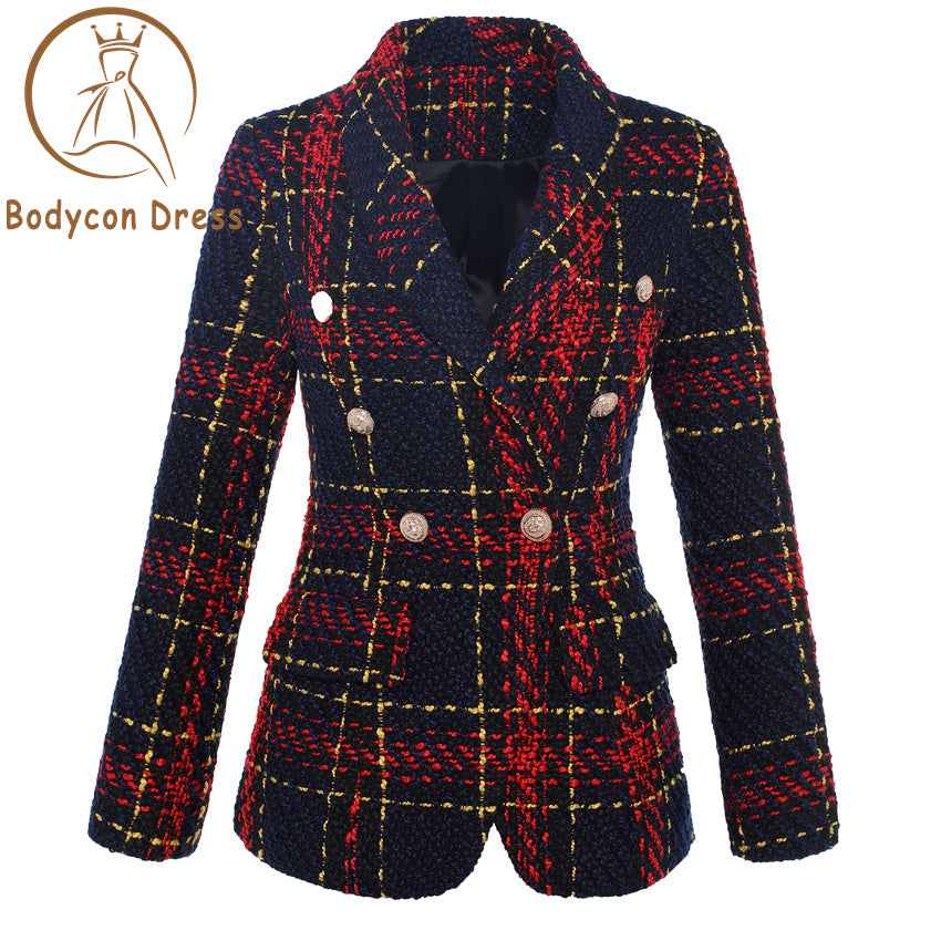 Bodycon Blazer Women's Lion Metal Buttons Plaid Colors Tweed Wool Blazer Jacket Size S-XXL