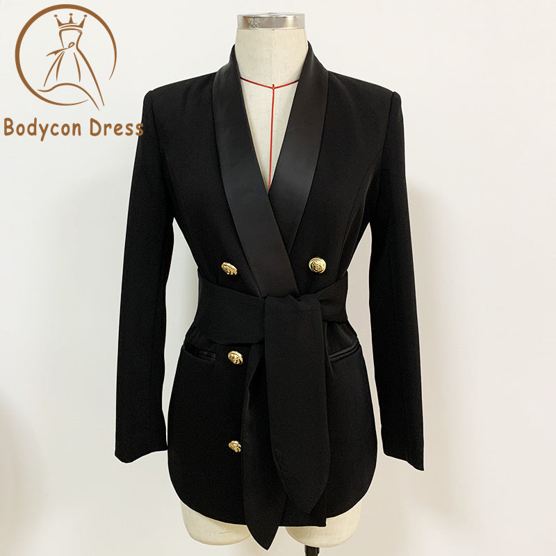 Bodycon Blazer For Women Shawl Collar Double Breasted Metal Buttons Belt Blazer Jacket