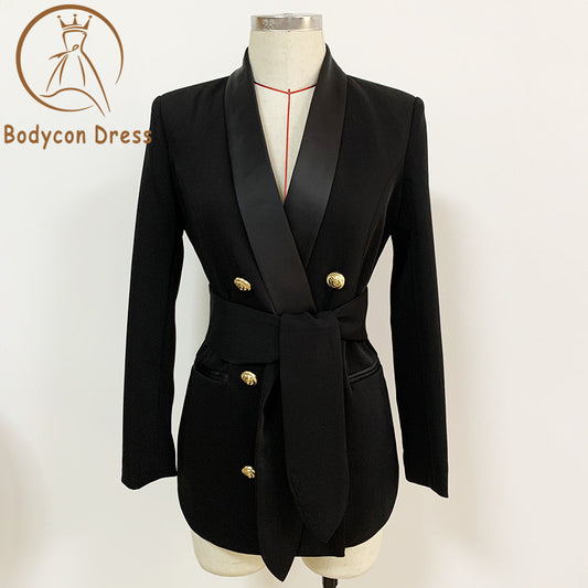 Bodycon Blazer For Women Shawl Collar Double Breasted Metal Buttons Belt Blazer Jacket