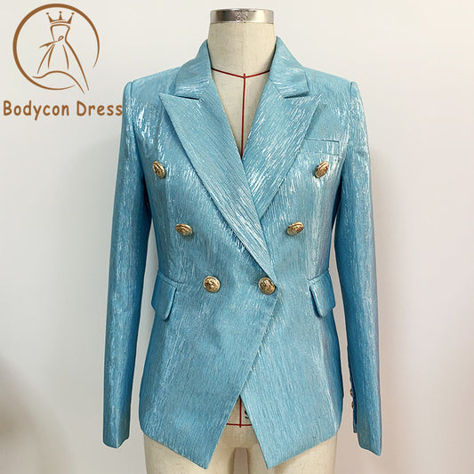 Bodycon Blazer For Women Lion Metal Buttons Double Breasted Blazer Jacket Outer Wear Gold