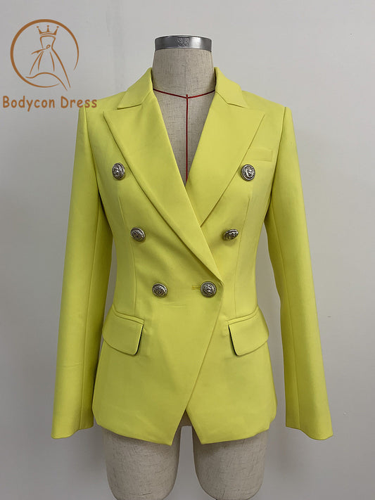 Bodycon Blazer Women's Lion Buttons Double Breasted Fluorescence Yellow Blazer Jacket