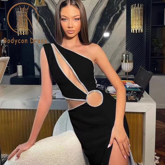 Bodycon Dress For Women One Shoulder Bandage Dress Sexy Sleeveless Hollow Out Diamonds Club Celebrity Party Dresses