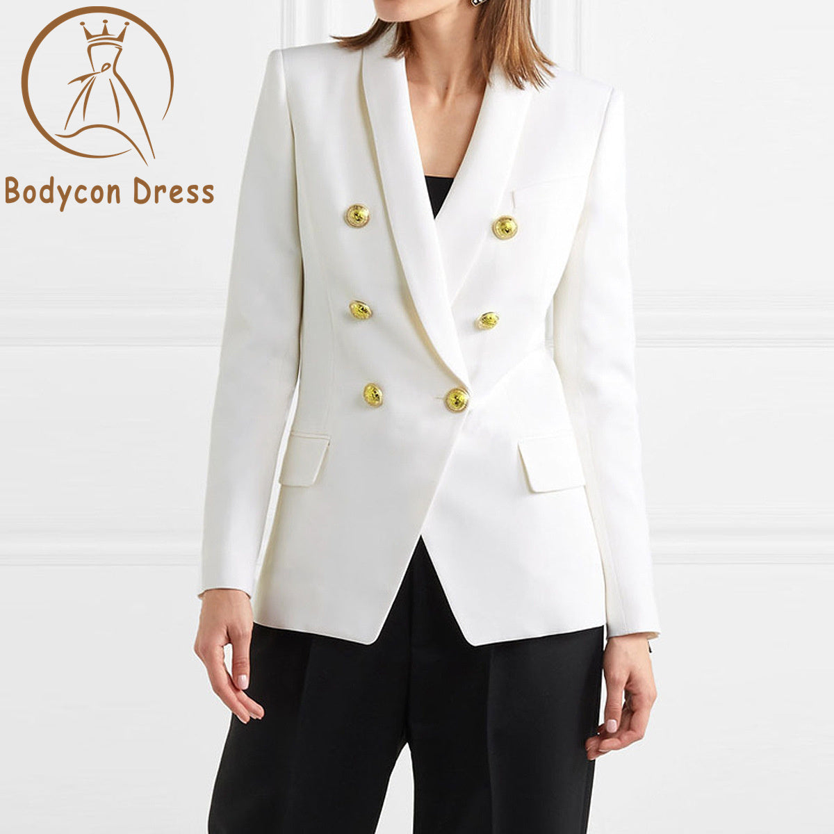 Bodycon Blazer For Women Long Sleeve Double Breasted Metal Lion Buttons Long Blazer Outer Wear