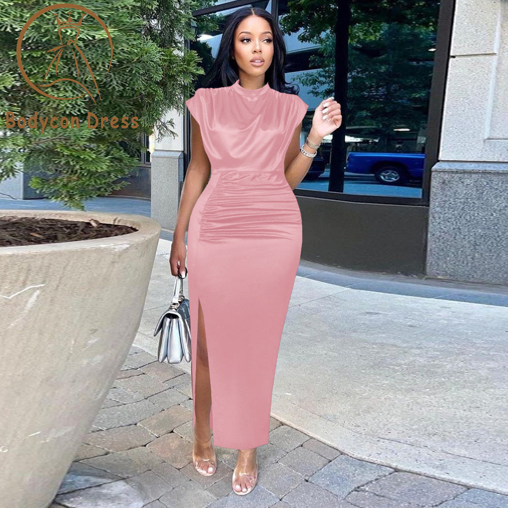 Bodycon Dress For Women Burgundy Green Satin Long Dress Elegant Ladies Evening Birthday Cocktail Party Pleated Gowns Outfits