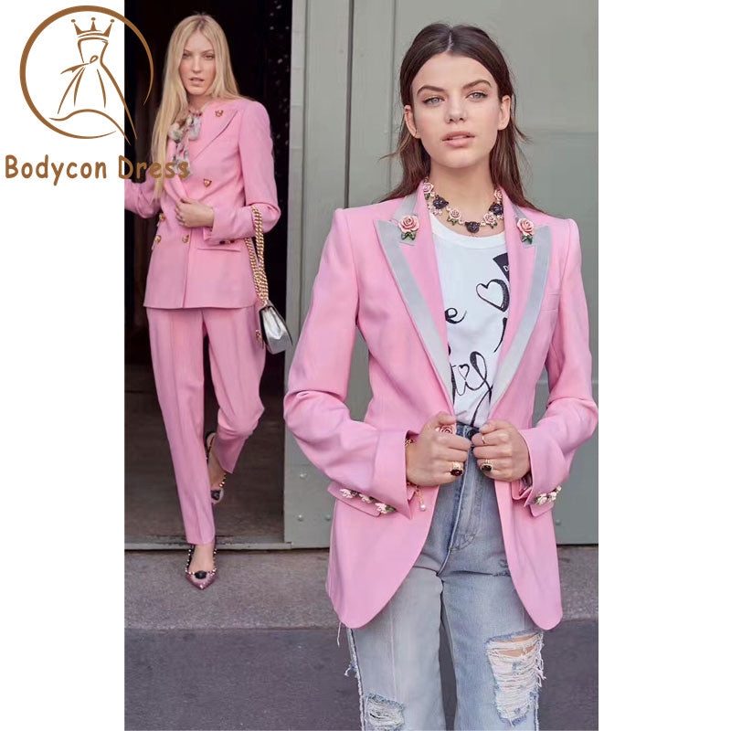 Bodycon Blazer For Women Long Sleeve Floral Lining Rose Buttons Pink Blazer Outer Jacket