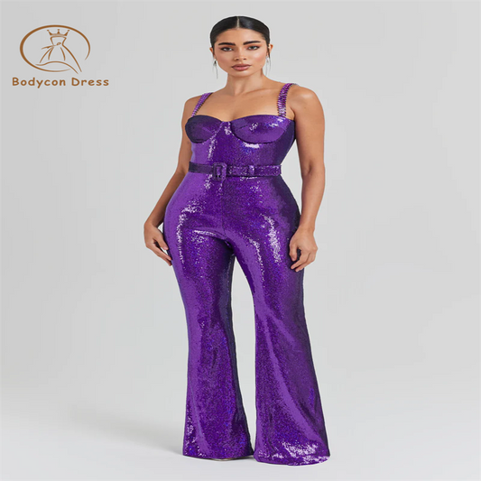 Bodycon Purple Fashion Women Jumpsuit Autumn Elegant Casual Sleeveless Sequins Spaghetti Strap Wide Legs Pants Jumpsuits