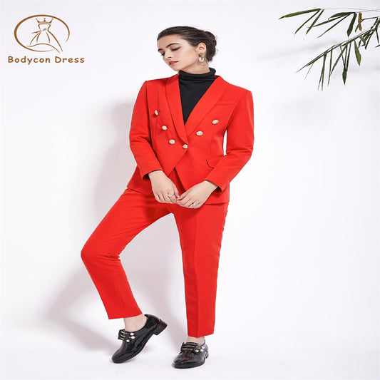 Bodycon New Design Womens Pants Suit Red Pink Office Business Double Breasted Button Blazer Pants Two Piece Set Formal Suits