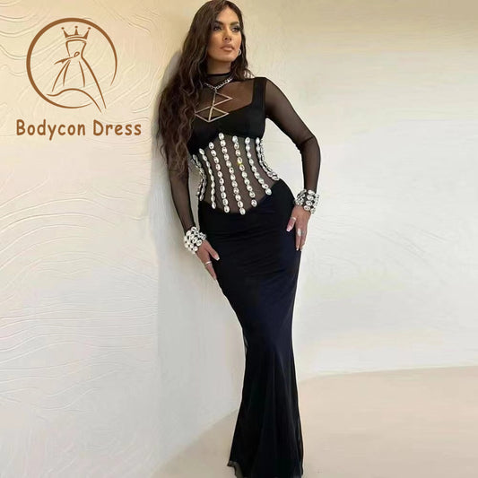 Bodycon Dress For Women Black Diamonds Bodycon Bandage Maxi Mermaid Dress Rayon High Quality Sexy Mesh Long Sleeve Long Dress2023 Vestidos