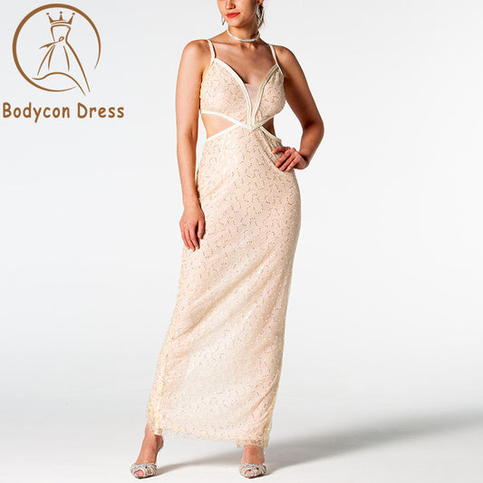 Bodycon Dress For  Ladies Apricot Sexy Hollow Lace Slim Spaghetti Strap Backless Design Cocktail Party Sleeveless Sexy Long Bandage Dress