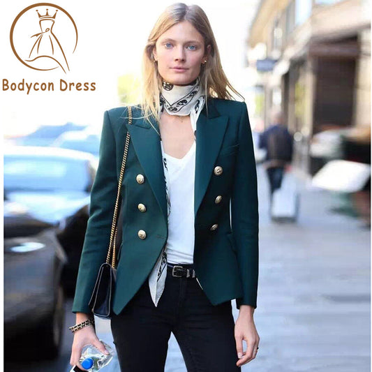 Bodycon Blazer For Women Metal Lion Buttons Double Breasted Blazer Jacket Size S-XXXL Dark Green