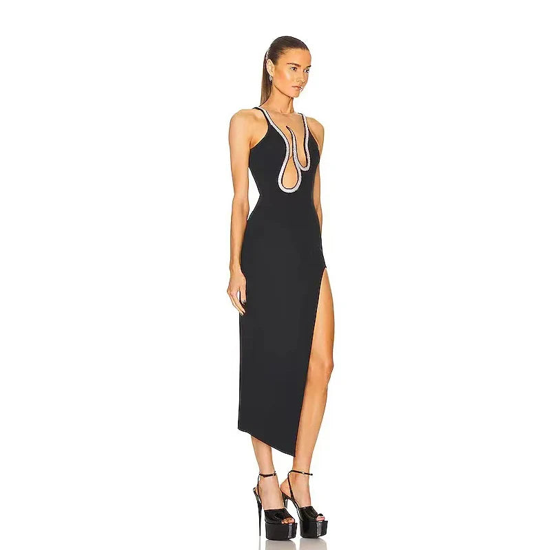 Bodycon Dress For Women Mesh Perspective Rhinestones Sexy Evening Celebrity Cocktail Party Bandag Dress