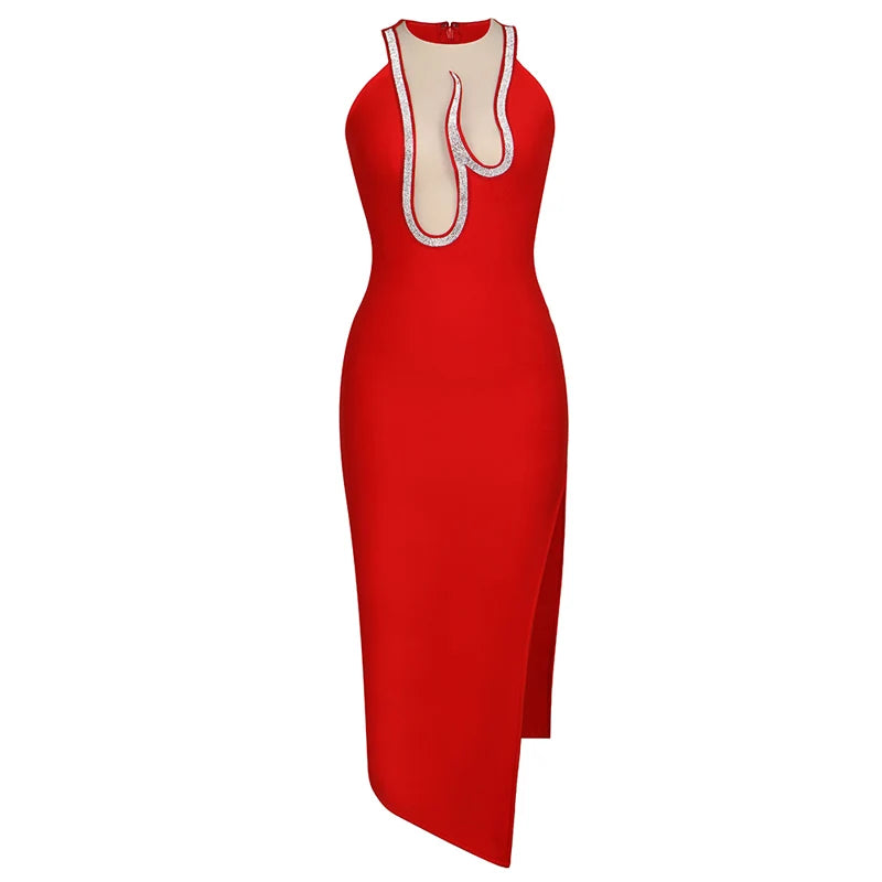 Bodycon Dress For Women Mesh Perspective Rhinestones Sexy Evening Celebrity Cocktail Party Bandag Dress