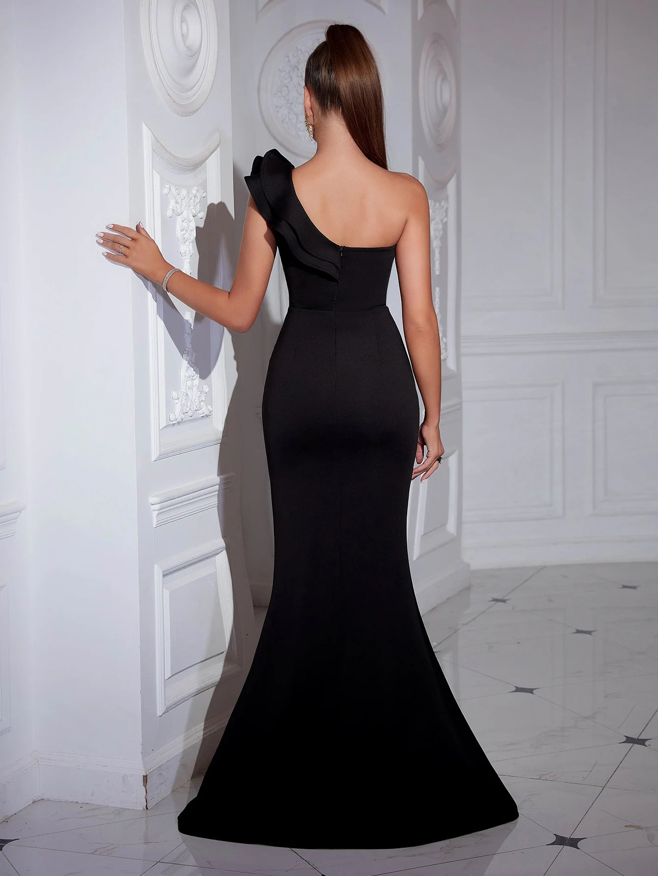 Bodycon One Shoulder For Women Celebrity Evening Party Dresses Sexy Ruffles Maxi Black Club Dress Vestidos