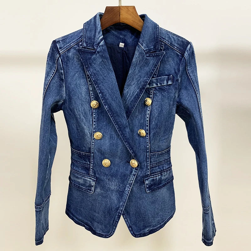 Bodycon Blazer For Women Jacket Metal Lion Buttons Double Breasted Denim Blazer Outer Coat