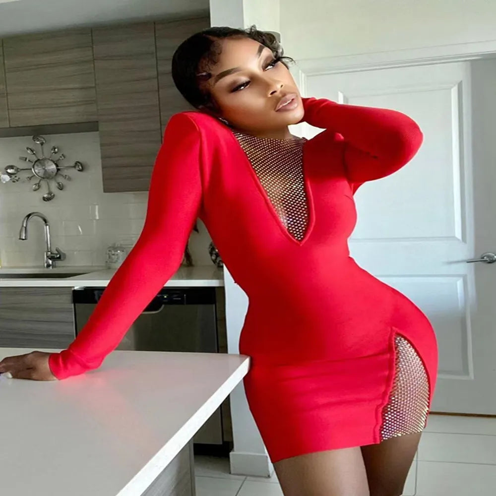 Bodycon Dress For Women Long Sleeve Sexy  Bodycon Mini Dress Bandage Fashion Diamond Mesh Nightclub Party Celebrate Dress Wholesale