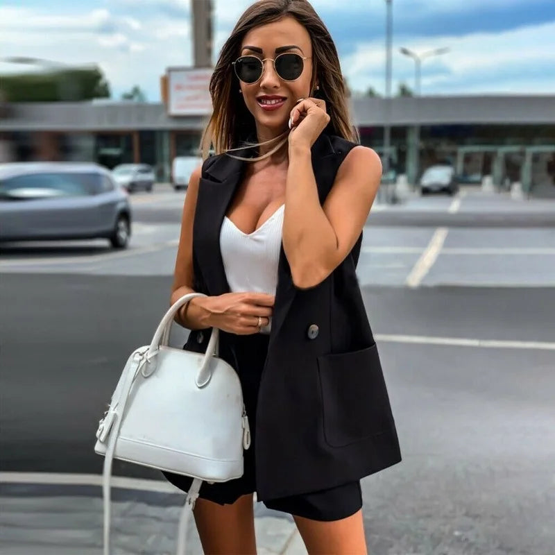 Bodycon New Casual Office Blazer Women Sleeveless Blazer Vest Solid Colors V-Neck High Waist Shorts Suits Fashion Suits