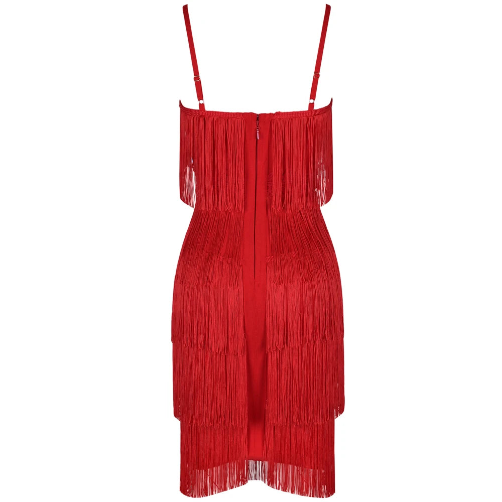 Bodycon Bandage Dress Red Party Dress Evening Luxury Women Tassel Fringed Black Sexy Slim Dress Club Outfits