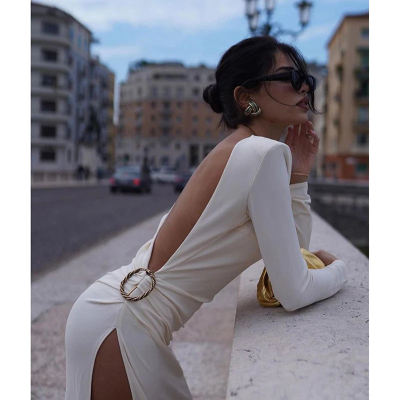 Bodycon Fashion White Sexy High Split Cut Out Long Sleeve Women Celebrity Runway Party Dresses Wedding Long Dress