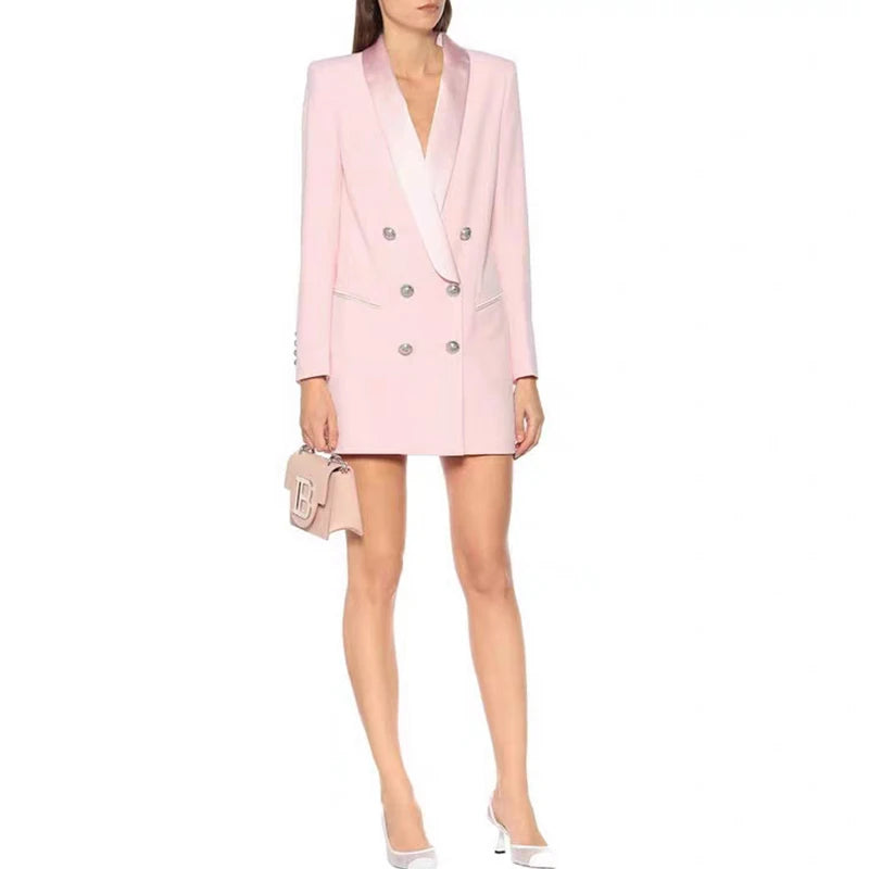 Bodycon Blazer For Women  New Pink Jacket Double Breasted Golden Button Satin Shawl Collar Women Blazer Suit High Quality