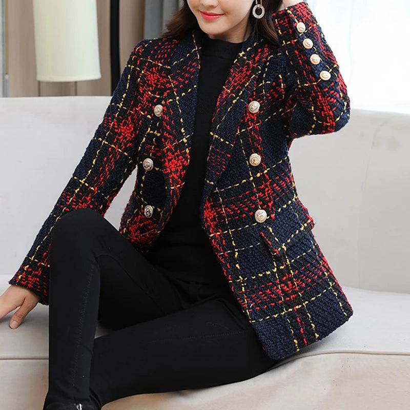 Bodycon Blazer Women's Lion Metal Buttons Plaid Colors Tweed Wool Blazer Jacket Size S-XXL