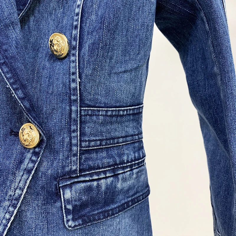 Bodycon Blazer For Women Jacket Metal Lion Buttons Double Breasted Denim Blazer Outer Coat