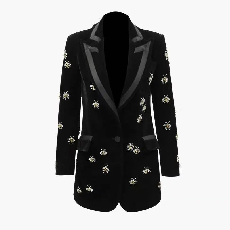 Bodycon Blazer For Women Luxurious Designing Novelty Runway Handmade Bees Beading Blazers Notched High Street Women Velvet Long Qaulity Trend Blazer