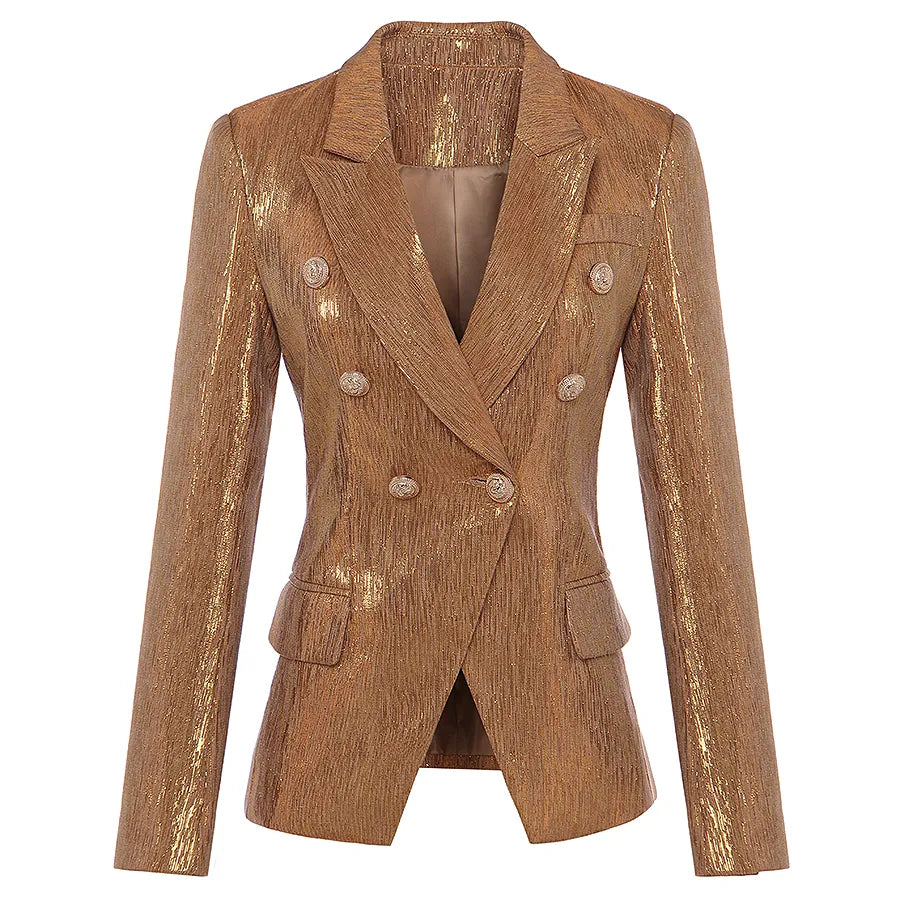 Bodycon Blazer For Women Lion Metal Buttons Double Breasted Blazer Jacket Outer Wear Gold