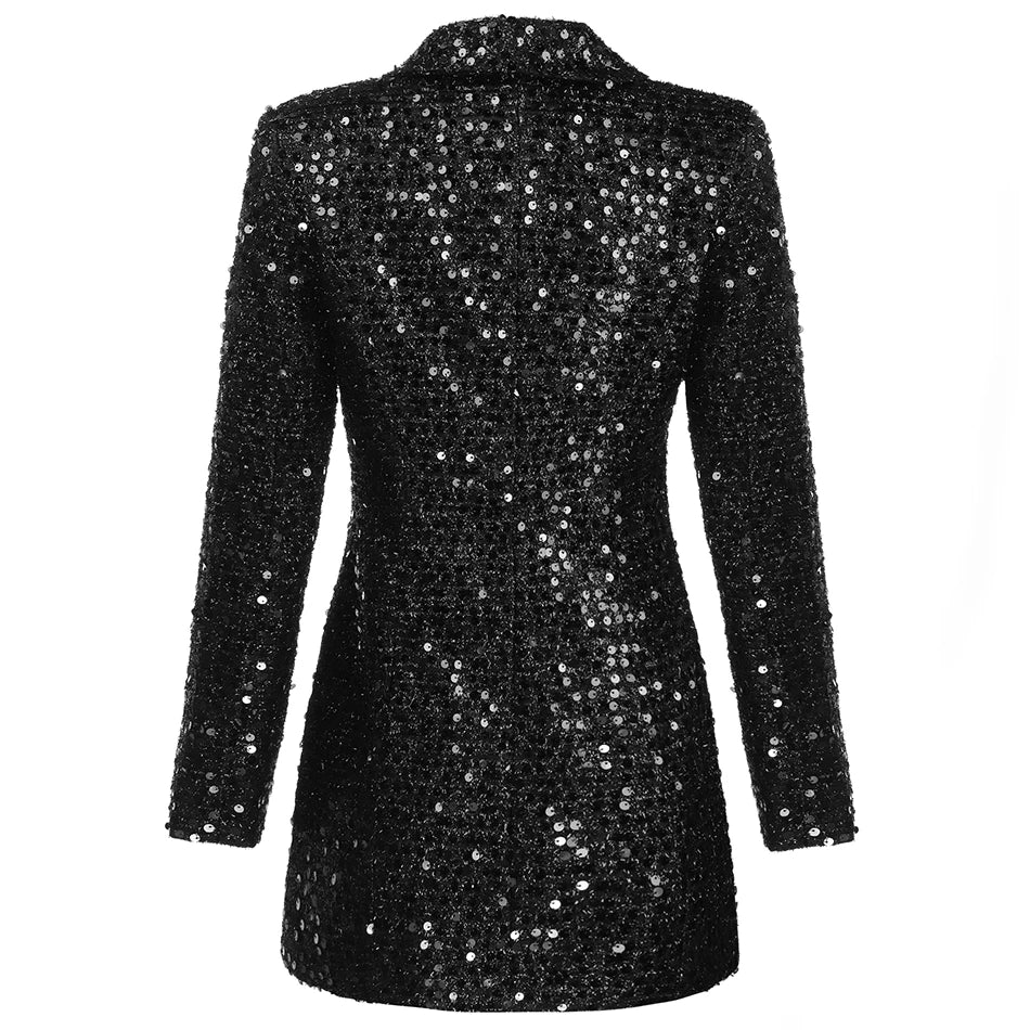 Bodycon Blazer Women Double Lion Buttons Shawl Collar Glitter Sequined Long Runway Black Blazers