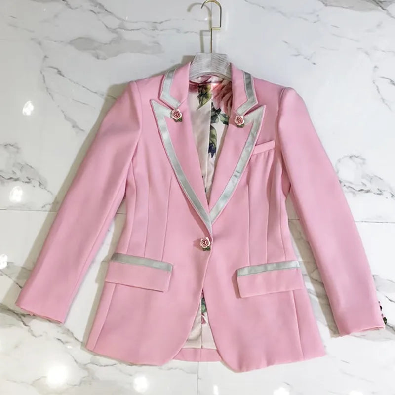 Bodycon Blazer For Women Long Sleeve Floral Lining Rose Buttons Pink Blazer Outer Jacket