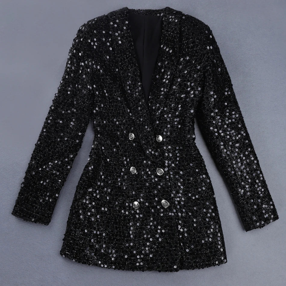 Bodycon Blazer Women Double Lion Buttons Shawl Collar Glitter Sequined Long Runway Black Blazers