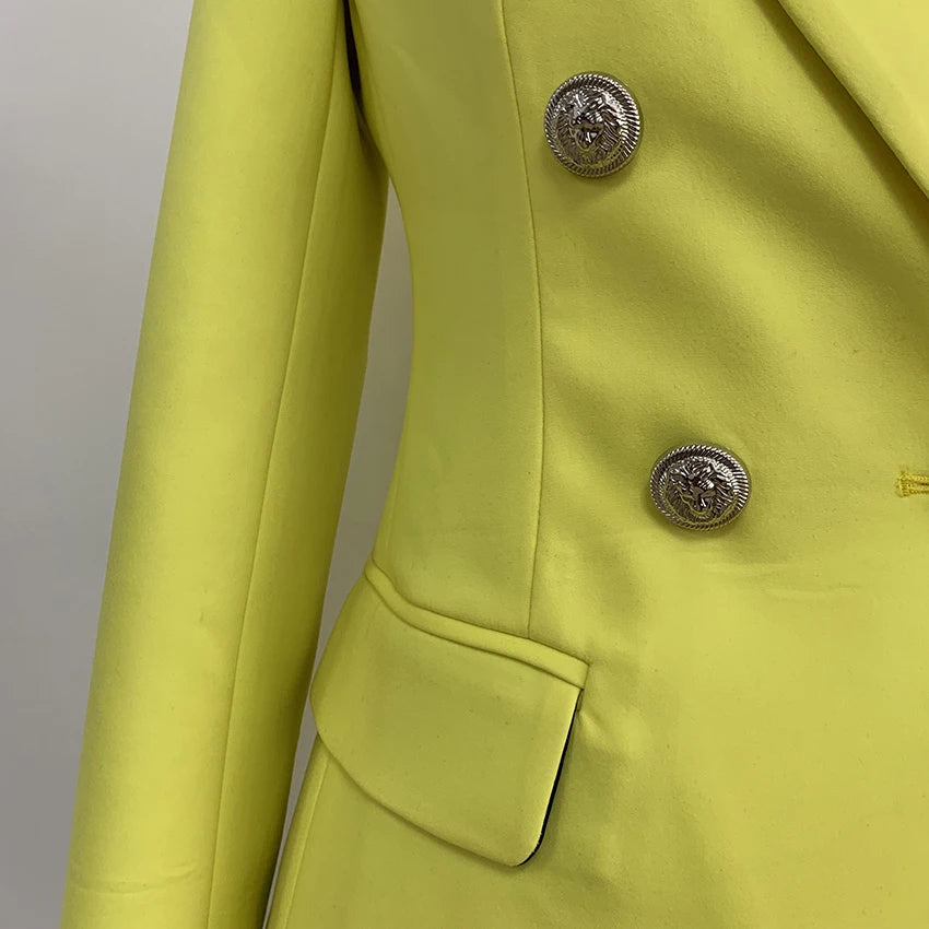 Bodycon Blazer Women's Lion Buttons Double Breasted Fluorescence Yellow Blazer Jacket