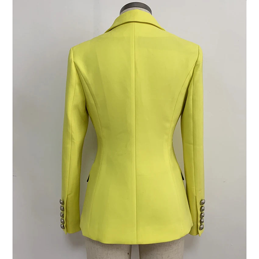 Bodycon Blazer Women's Lion Buttons Double Breasted Fluorescence Yellow Blazer Jacket