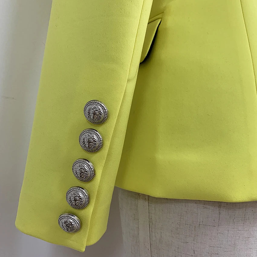 Bodycon Blazer Women's Lion Buttons Double Breasted Fluorescence Yellow Blazer Jacket