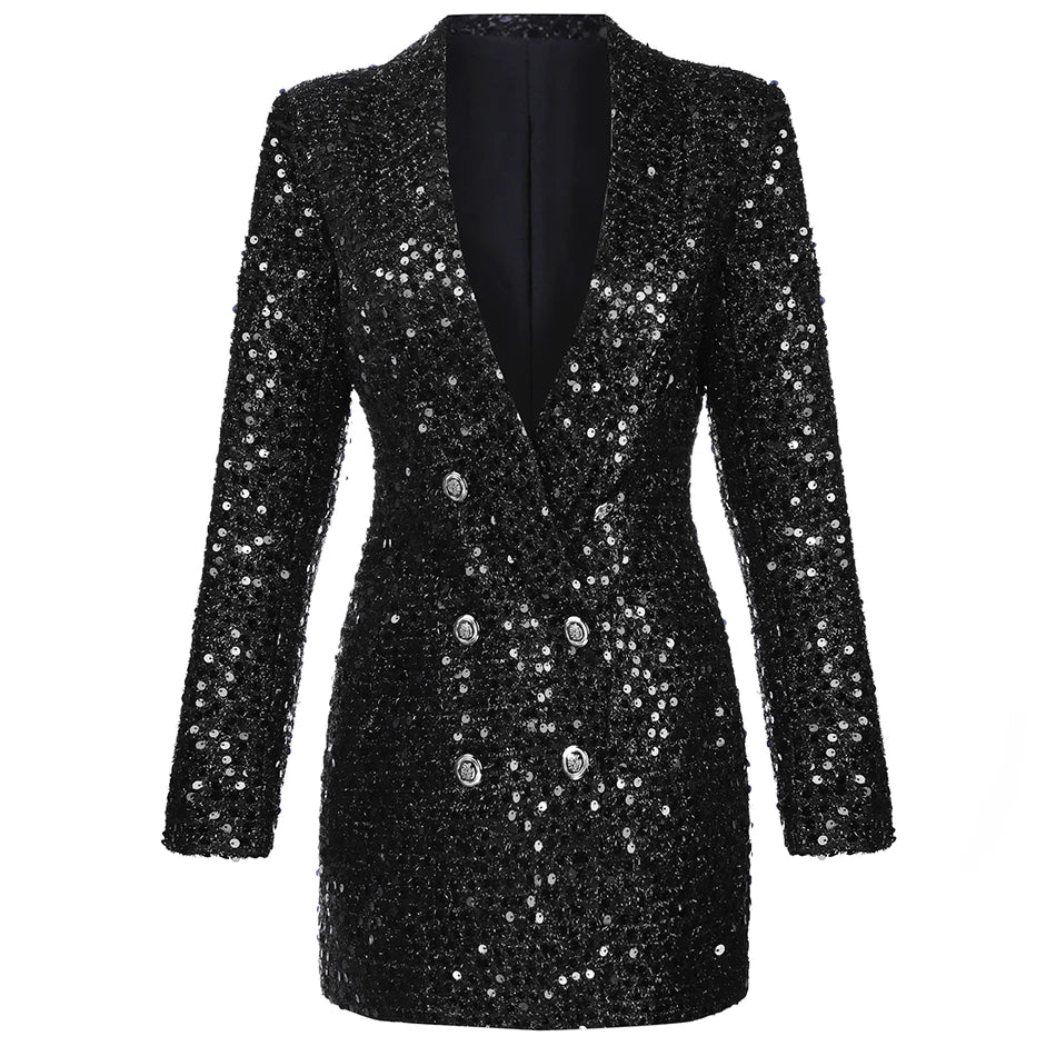 Bodycon Blazer Women Double Lion Buttons Shawl Collar Glitter Sequined Long Runway Black Blazers