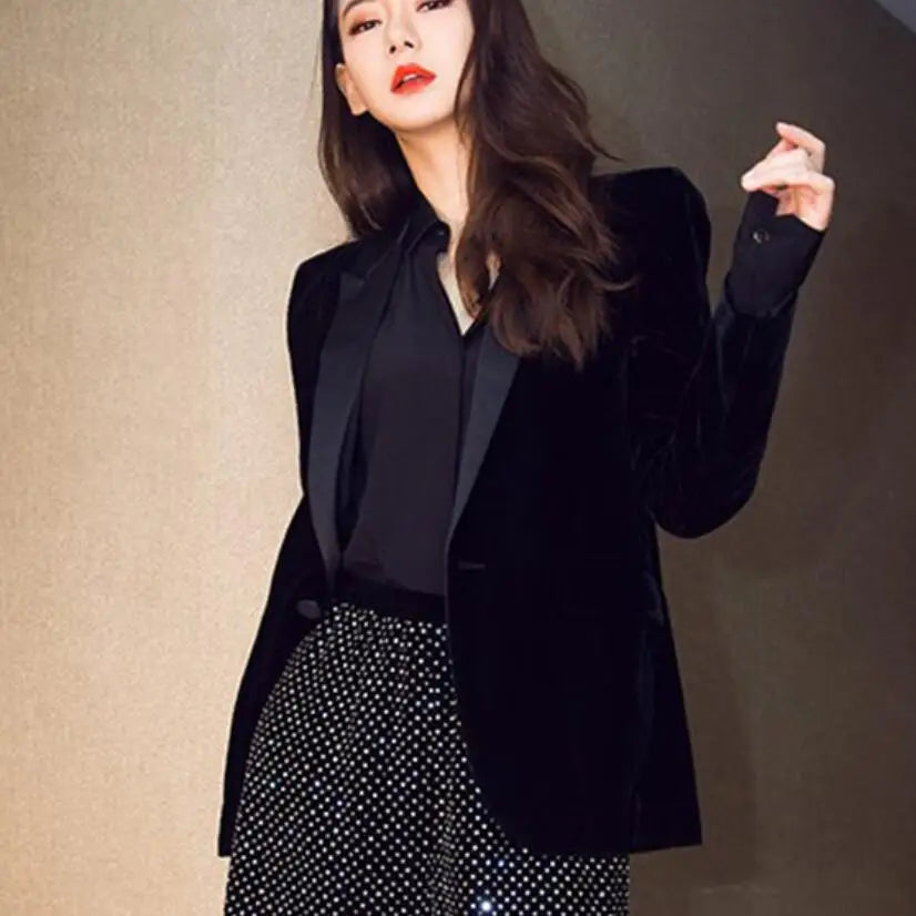 Bodycon Blazer For Women Velvet Coat Tops Black Jackets Autumn Fashion office lady Elegant small suit