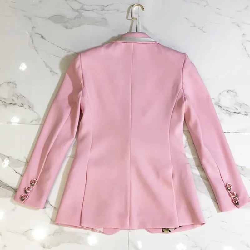 Bodycon Blazer For Women Long Sleeve Floral Lining Rose Buttons Pink Blazer Outer Jacket