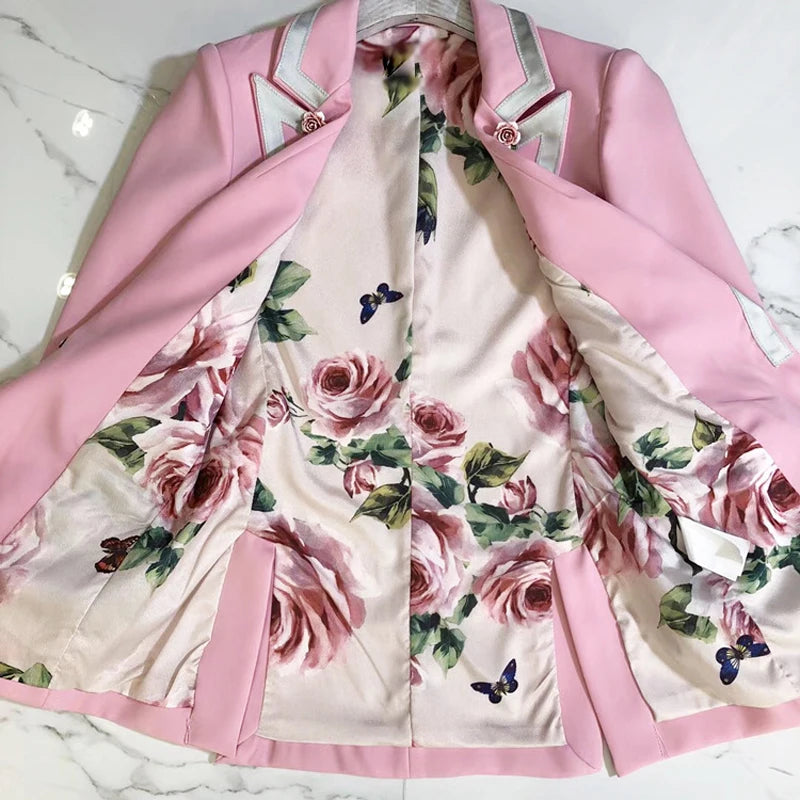 Bodycon Blazer For Women Long Sleeve Floral Lining Rose Buttons Pink Blazer Outer Jacket