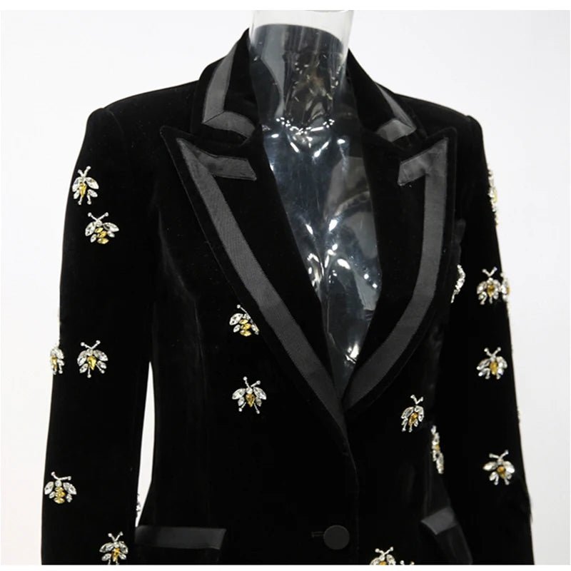 Bodycon Blazer For Women Luxurious Designing Novelty Runway Handmade Bees Beading Blazers Notched High Street Women Velvet Long Qaulity Trend Blazer