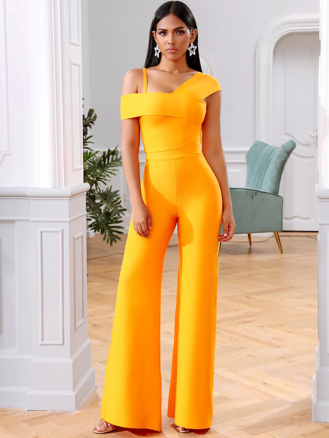 Bodycon Orange 2 Two Pieces Sets Sexy Spaghetti Strap Short Sleeve Tops & Long Pants Women Fashion Club Party Sets