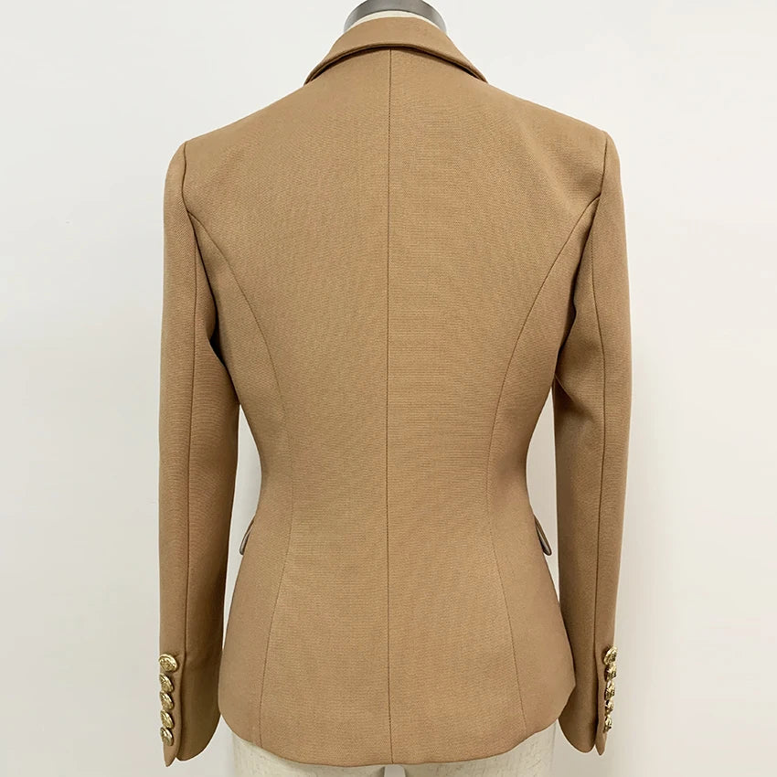 Bodycon Blazer For Women Lion Buttons Double Breasted Pique Blazer Jacket Brown