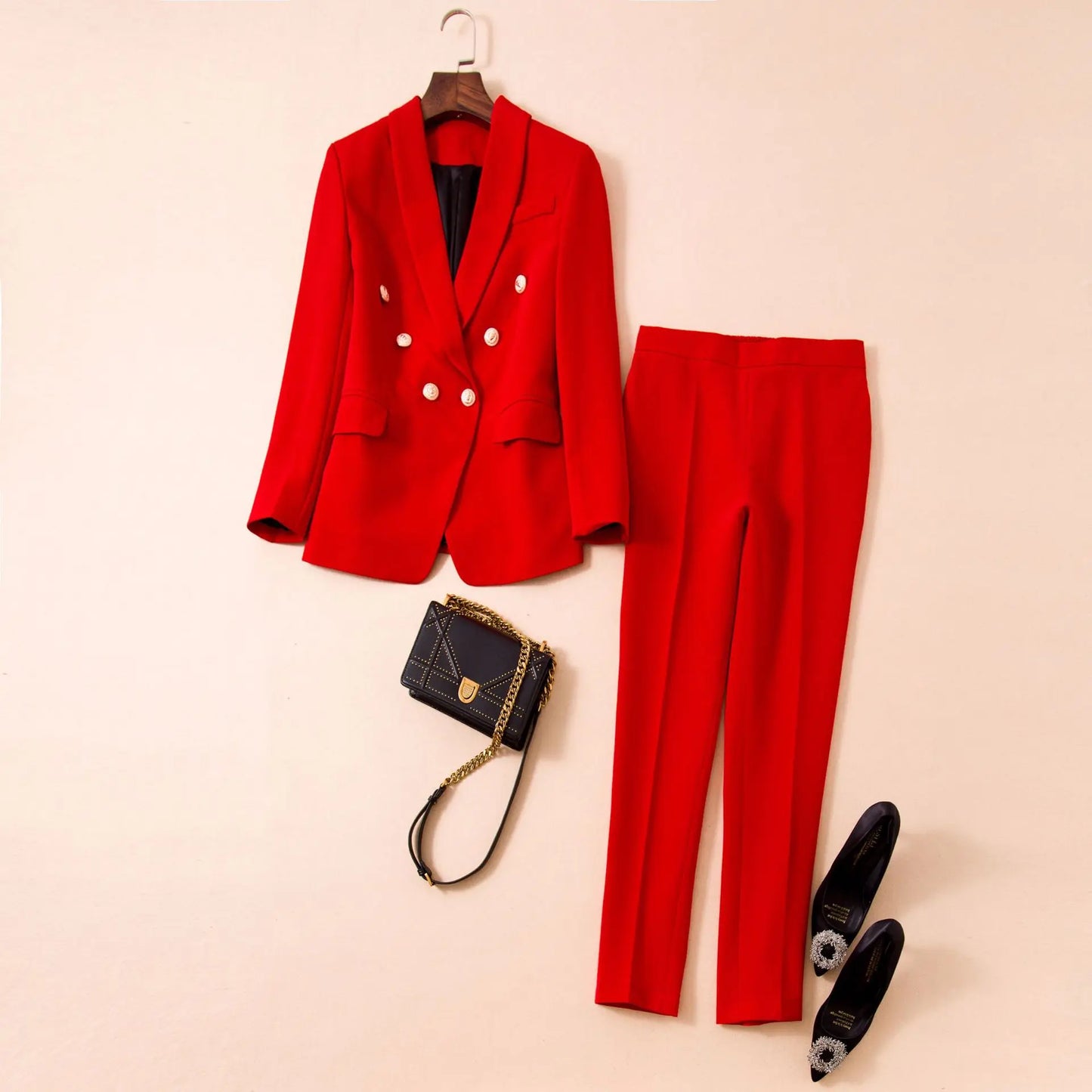 Bodycon New Design Womens Pants Suit Red Pink Office Business Double Breasted Button Blazer Pants Two Piece Set Formal Suits