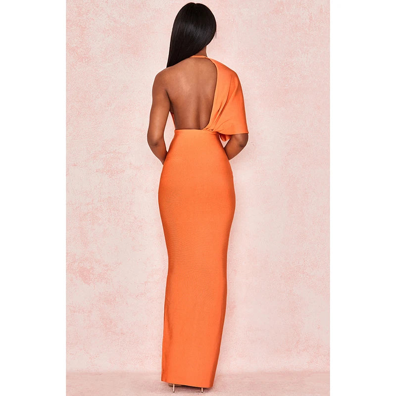 Bodycon Draped Backless Side Split Evening Party Dresses New Sexy V Neck Orange Black Long Bandage Dress Vestidos