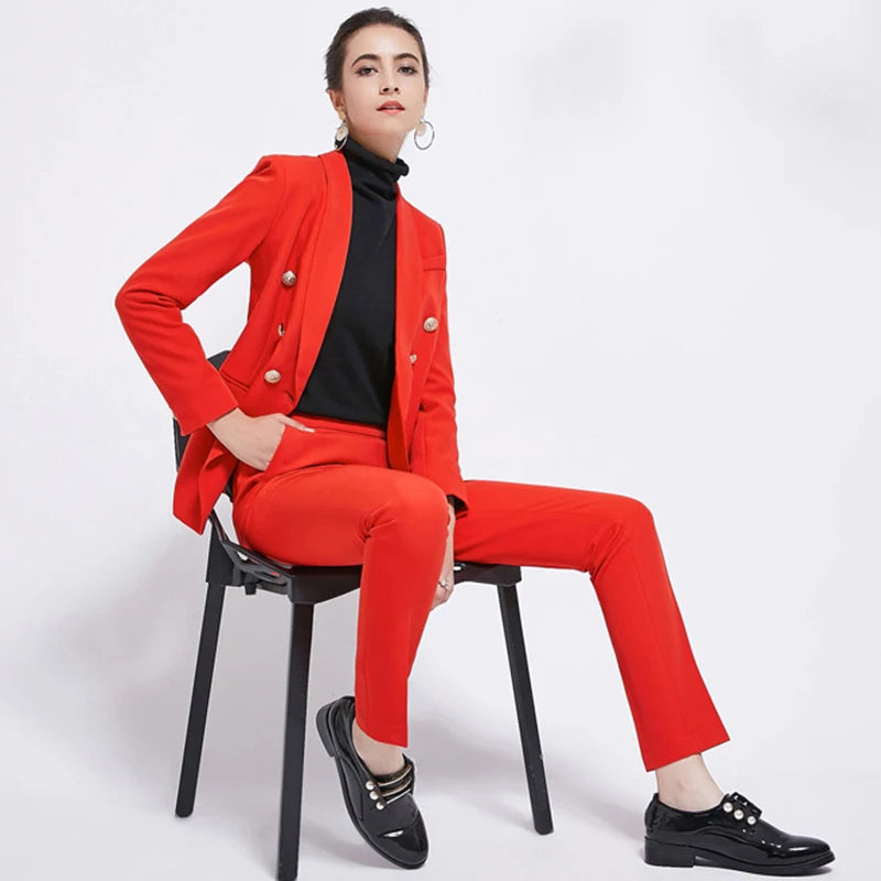 Bodycon New Design Womens Pants Suit Red Pink Office Business Double Breasted Button Blazer Pants Two Piece Set Formal Suits