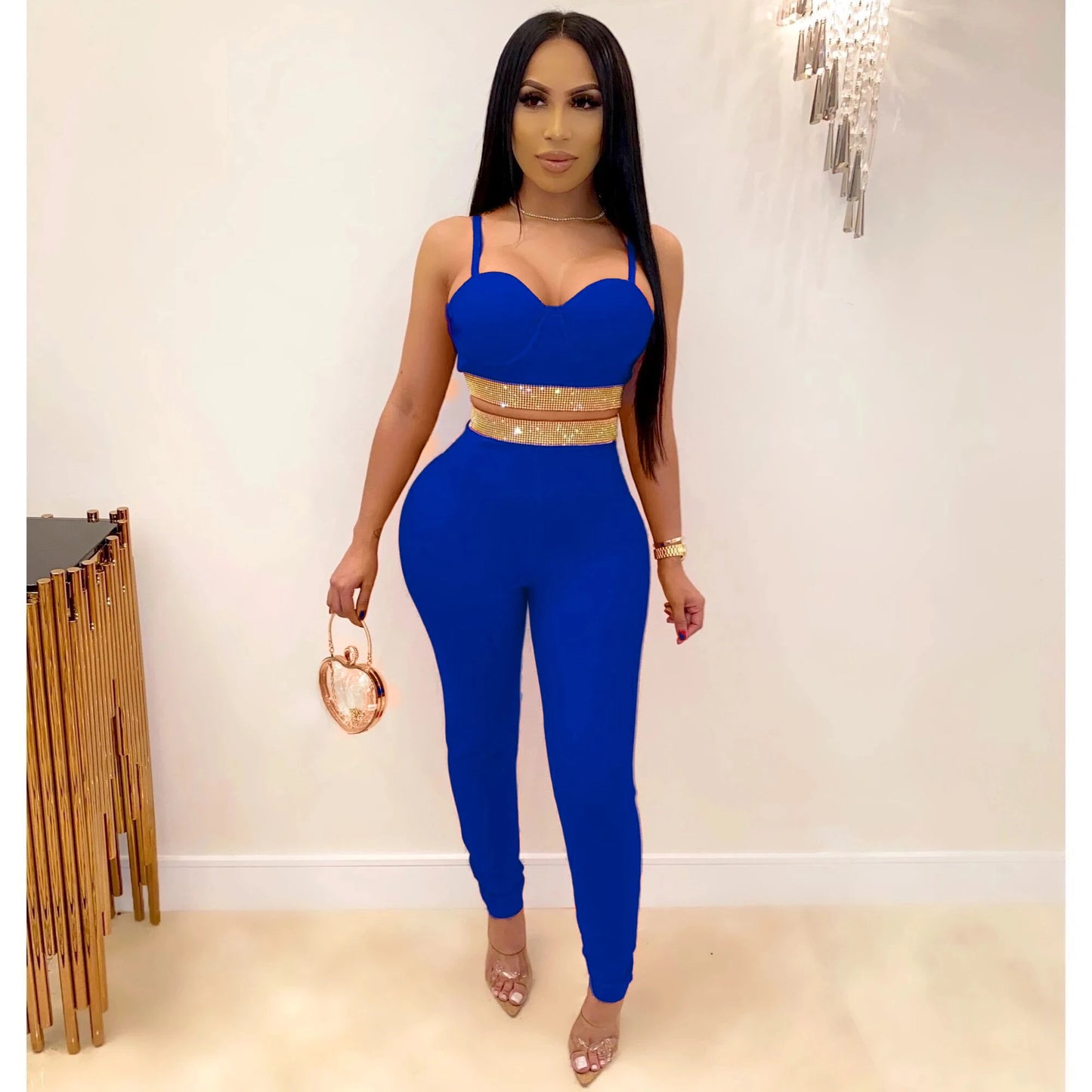 Bodycon Fashion Set 2 Pieces Strap Crystal Rhinestone Chain Bustiers Leggings Sexy Luxury Bandage Dress Knitted Party Set