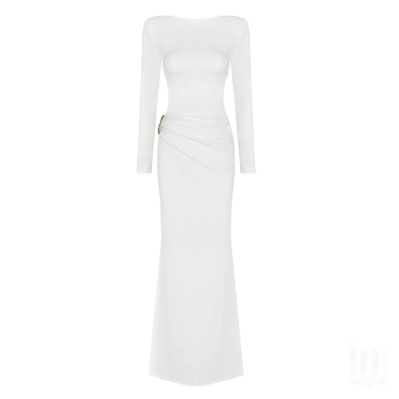 Bodycon Fashion White Sexy High Split Cut Out Long Sleeve Women Celebrity Runway Party Dresses Wedding Long Dress