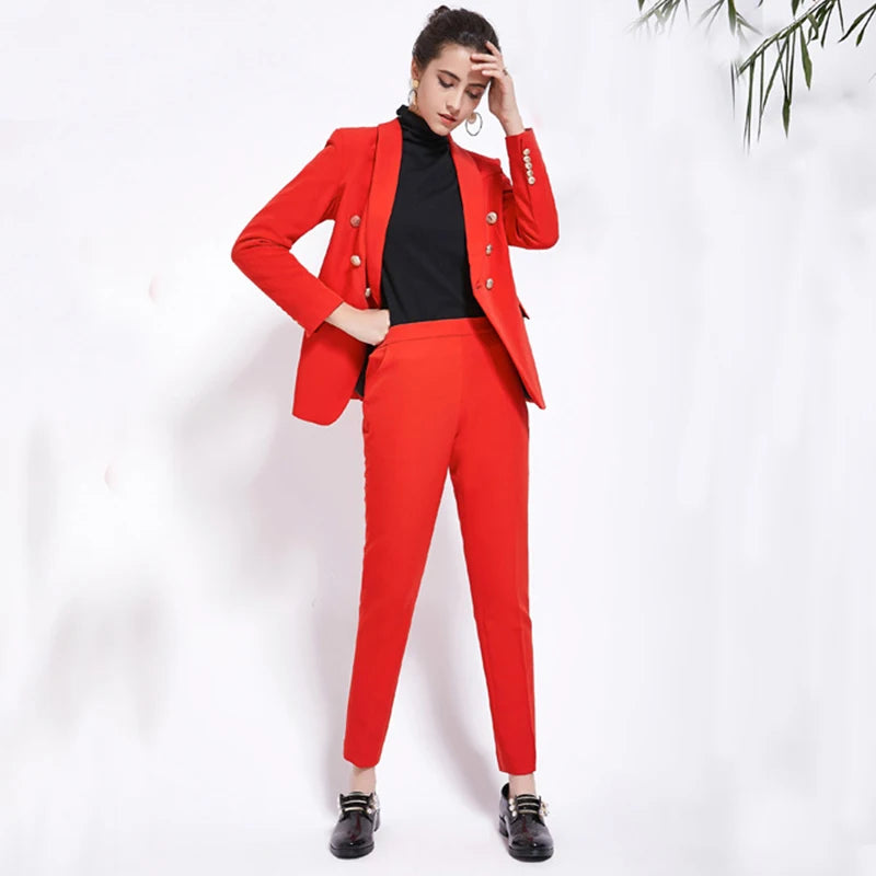 Bodycon New Design Womens Pants Suit Red Pink Office Business Double Breasted Button Blazer Pants Two Piece Set Formal Suits