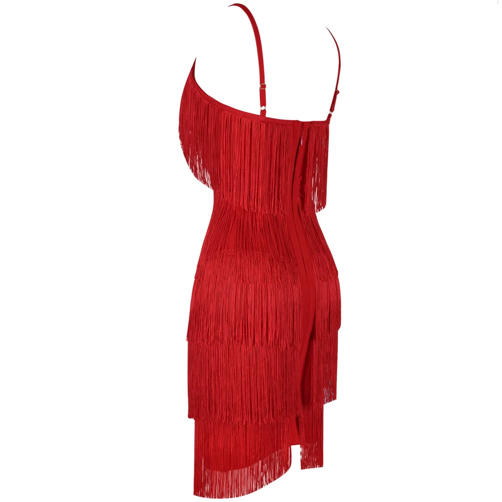 Bodycon Bandage Dress Red Party Dress Evening Luxury Women Tassel Fringed Black Sexy Slim Dress Club Outfits