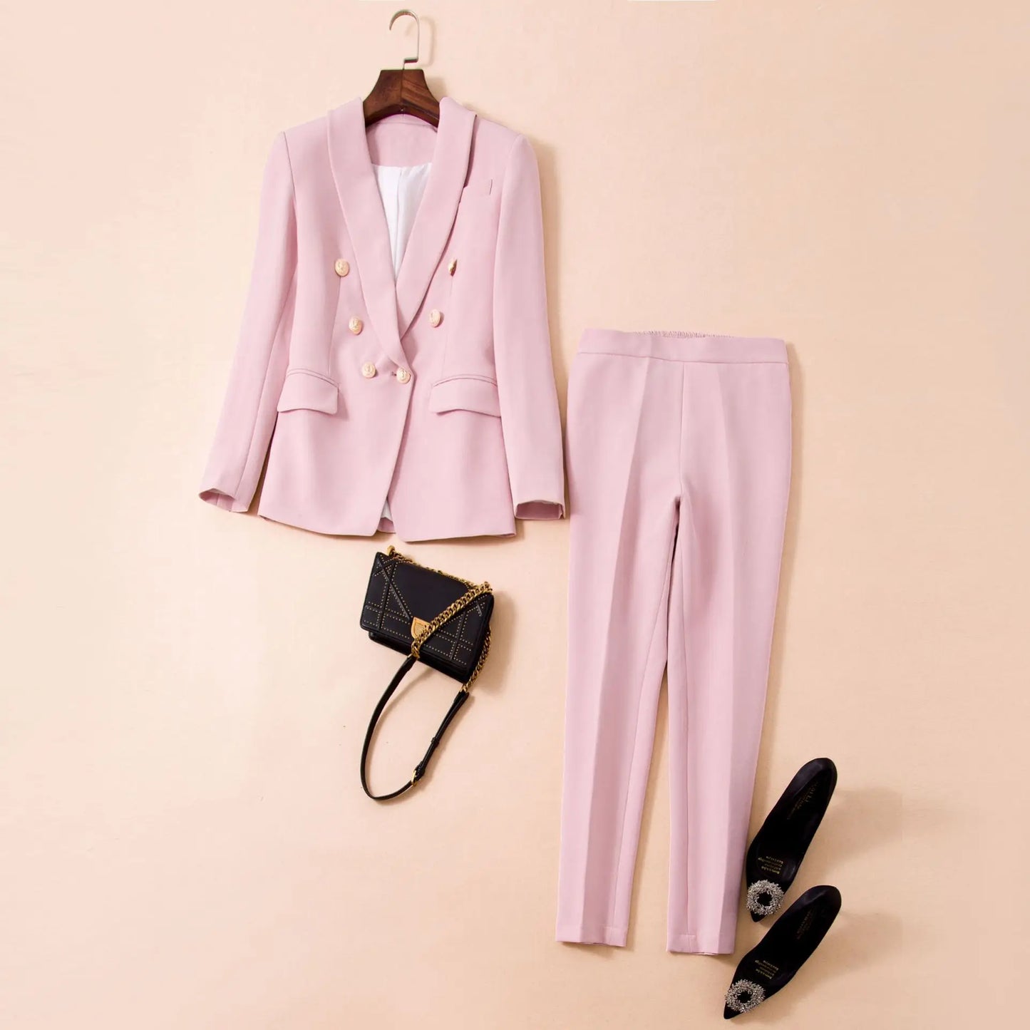 Bodycon New Design Womens Pants Suit Red Pink Office Business Double Breasted Button Blazer Pants Two Piece Set Formal Suits